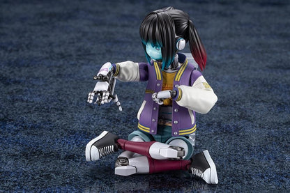 Milky Subway The Galactic Limited Express Makina Model Kit Figure featuring a robotic anime girl with black twin-tail hair, a blue-tinted face, a purple varsity jacket with white sleeves, denim shorts, mechanical arms and legs, burgundy socks, and black-and-white sneakers.