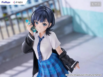 Chitose Is in the Ramune Bottle Yuzuki Nanase 1/7 Scale Figure with short dark hair, blue plaid skirt, school uniform outfit, drink bottle accessory, and display base