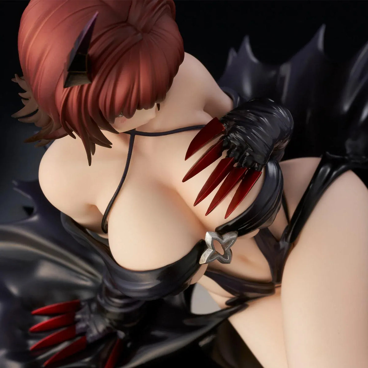 To Love-Ru Darkness Ryoko Mikado Darkness Ver. Figure (Rerelease) featuring a short reddish-brown-haired anime woman with green eyes, black horns, a revealing black outfit, long gloves, and red claw-like accents in a seated pose.
