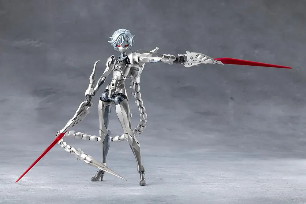 Megalomaria Unlimited Universe Wreckage Hunter model kit with white mechanical armor, a large rifle, weapon tail, and futuristic motorcycle.