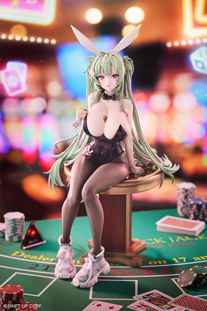 Soda Twinkling Bunny 1/4 scale figure seated in a black bunny outfit with sheer tights, mint-green twin tails, and tall bunny ears.