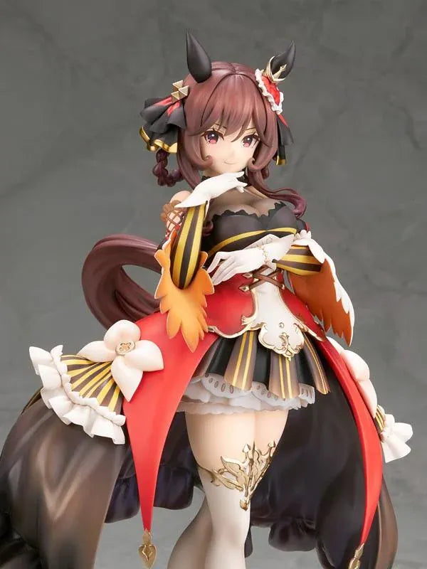 Umamusume Pretty Derby Gentildonna 1/7 Scale Figure featuring a brown-haired horse girl with a playful wink, an elaborate black, red, and gold outfit, flowing decorative fabric, white ruffles, ornate accessories, elegant stockings, and gold-accented heels standing on a red and gold circular display base.