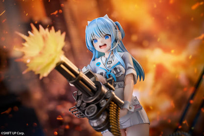 Goddess of Victory Nikke Shifty Illustration Panic Sight Deluxe Ver. 1/7 Scale Figure featuring Shifty with blue hair, tactical outfit, oversized weapon, firing effect, and ammo belt display details.