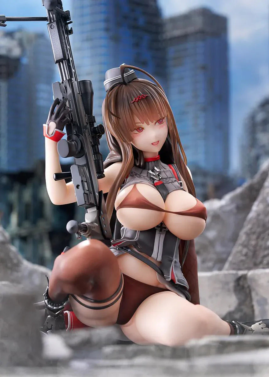Girls' Frontline GD DSR-50 Heavy Damage 1/7 Scale Figure seated with long brown hair, tactical outfit, sniper rifle accessory, and clear display base