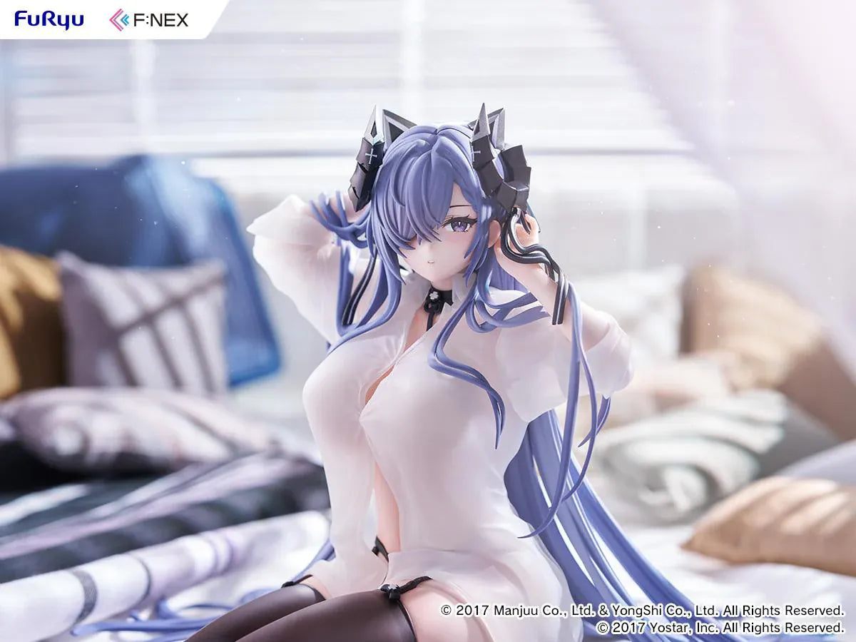 Azur Lane August von Parseval The Unhulde's Midday Respite 1/6 Scale Figure seated in white shirt with long blue hair and dark thigh-high stockings