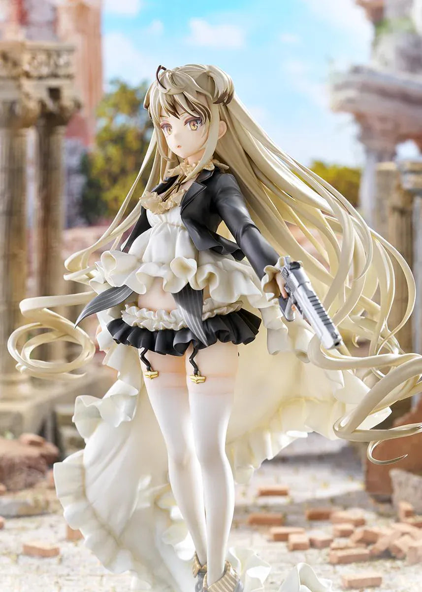 Girls' Frontline Desert Eagle 1/7 Scale Figure featuring Desert Eagle with long blonde hair, white-and-black outfit, golden eyes, handgun accessory, and flowing dress details.