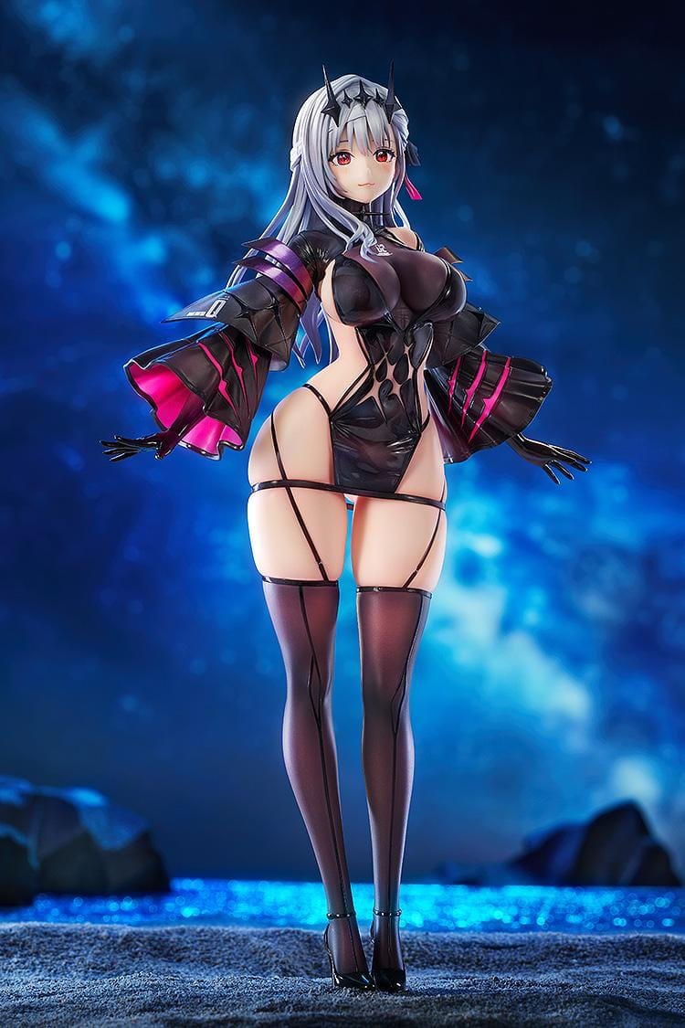 1/7 scale figure of Modernia from Goddess of Victory: Nikke in her Second Affection outfit, wearing a black coat with crimson lining and large mechanical wing units extending from her sides.