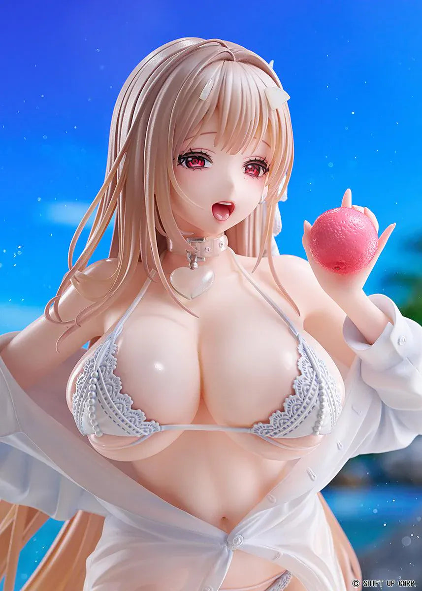 GODDESS OF VICTORY NIKKE Viper Shine of Love 1/7 Scale Figure with long hair, white beachwear-inspired outfit, apple accessory, and beach display base