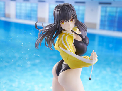 KoiKoi Sakura Kyou kara Suieibu Komon no Tama-chan Sensei 1/6 Scale Figure featuring a dark-haired anime woman with golden eyes wearing a black swimsuit, yellow athletic jacket, and white cap with a yellow brim, posing barefoot on a transparent circular base.