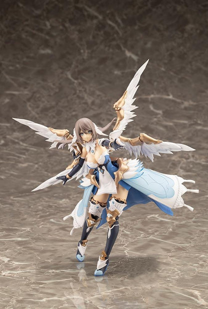 Assembled Arcanadea Ermeda model kit with long brown hair, white feathered wings, a blue and white outfit, gold armor accents, and armored boots.