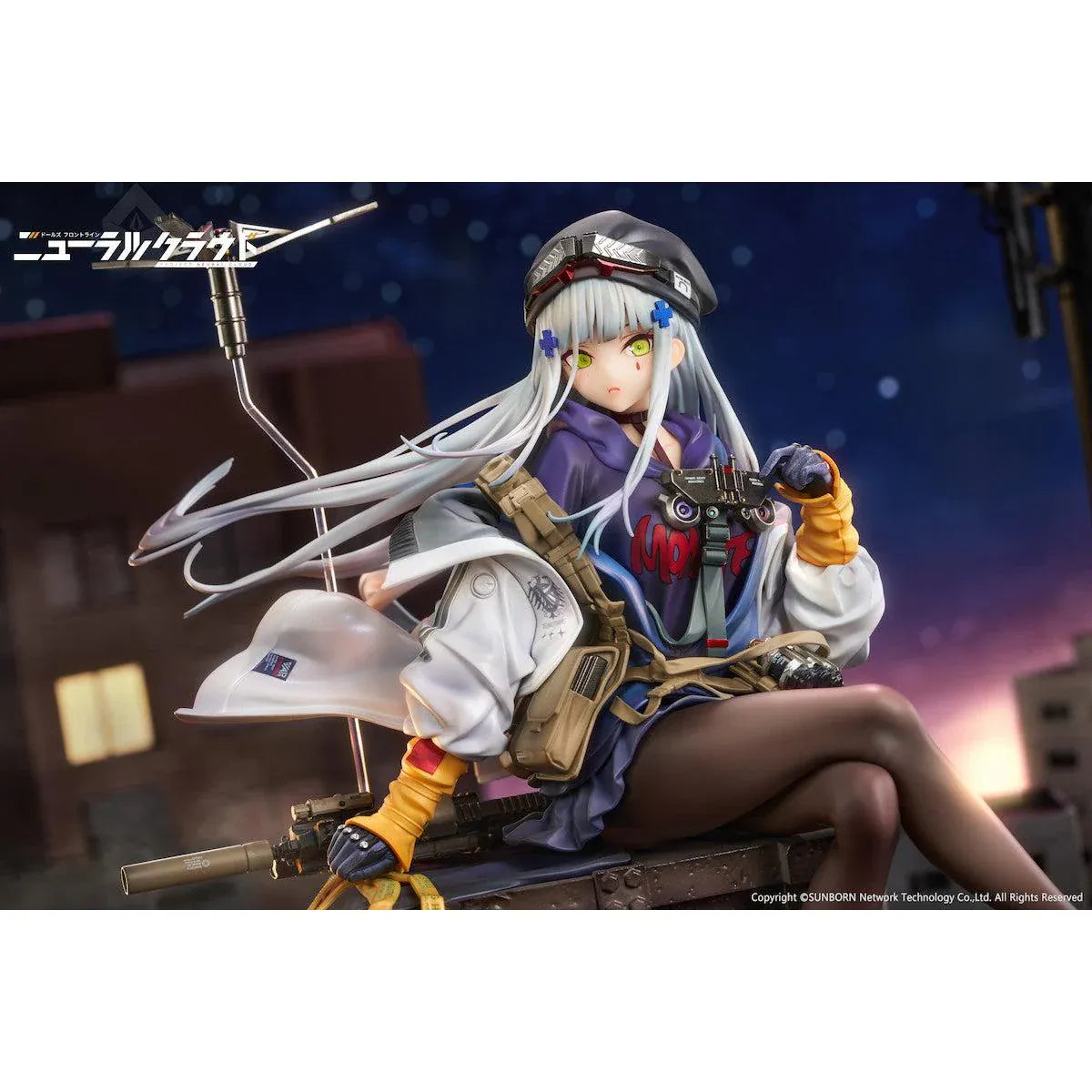 Girls' Frontline Neural Cloud Klukai 1/7 Scale Figure with long silver hair, military-inspired outfit, weapon accessories, seated pose, crate-style base, and bonus item