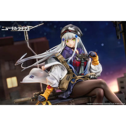 Girls' Frontline Neural Cloud Klukai 1/7 Scale Figure with long silver hair, military-inspired outfit, weapon accessories, seated pose, crate-style base, and bonus item