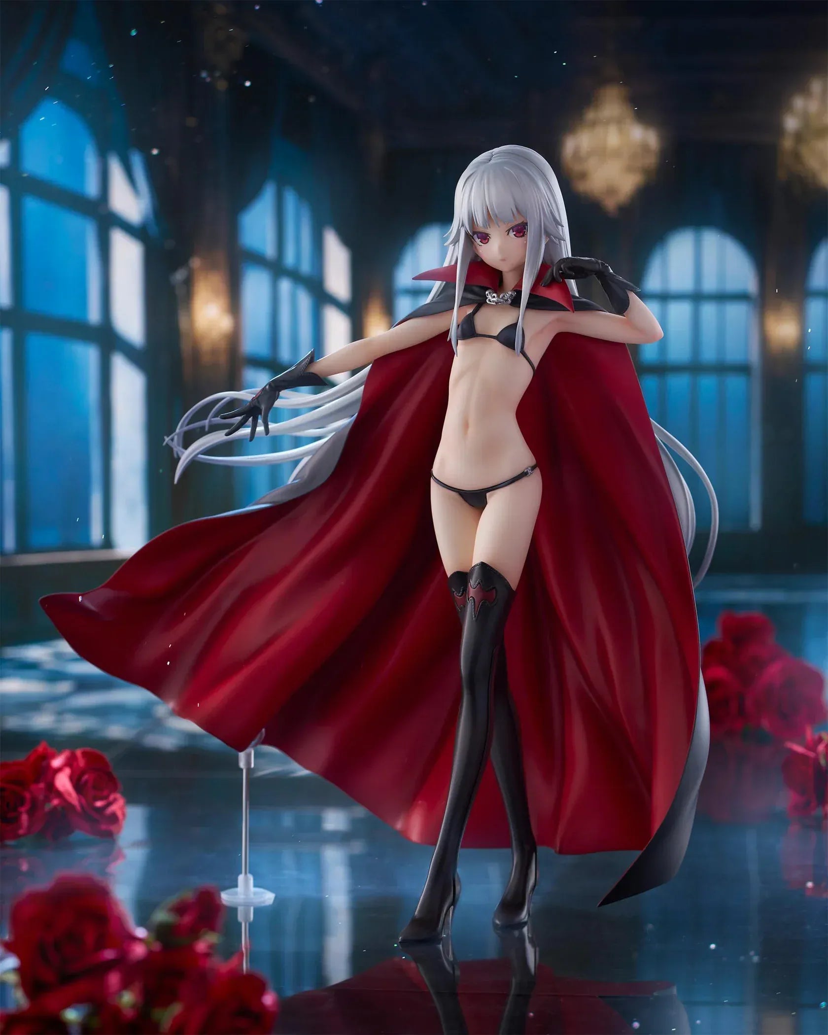 Kirie Kagarino 1/6 scale figure from Bishoujo Mangekyou featuring flowing red cape, black outfit, and silver hair on display base