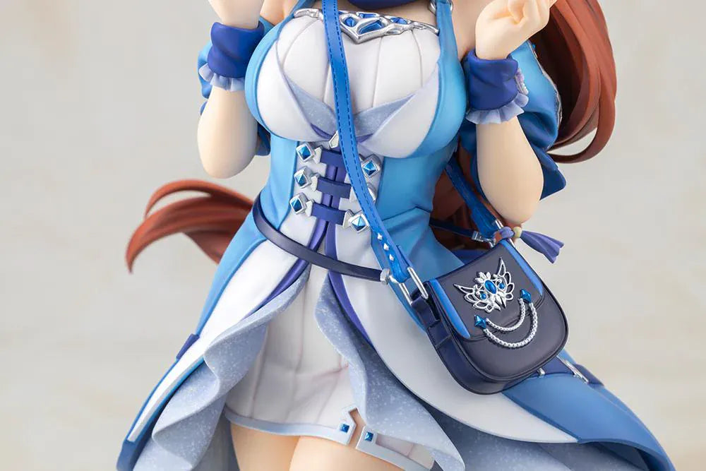 Uma Musume Pretty Derby Super Creek 1/7 Scale Figure featuring Super Creek in a blue-and-white outfit with red hair, horse ears, tail, and a cheerful pose on a themed base.