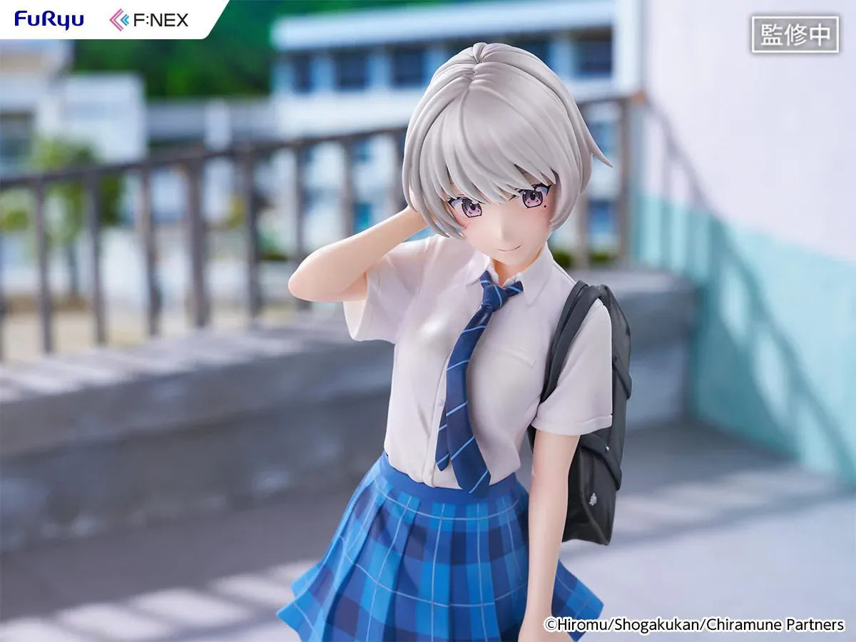 Chitose Is in the Ramune Bottle Asuka Nishino 1/7 Scale Figure with short silver hair, blue plaid skirt, school uniform outfit, backpack, drink bottle accessory, and display base