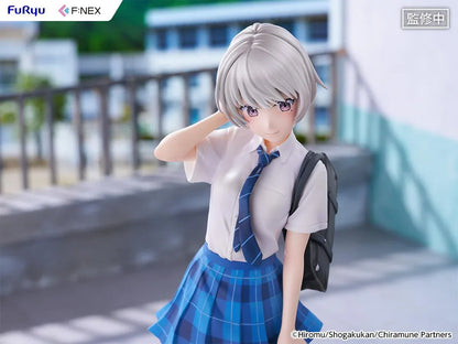 Chitose Is in the Ramune Bottle Asuka Nishino 1/7 Scale Figure with short silver hair, blue plaid skirt, school uniform outfit, backpack, drink bottle accessory, and display base