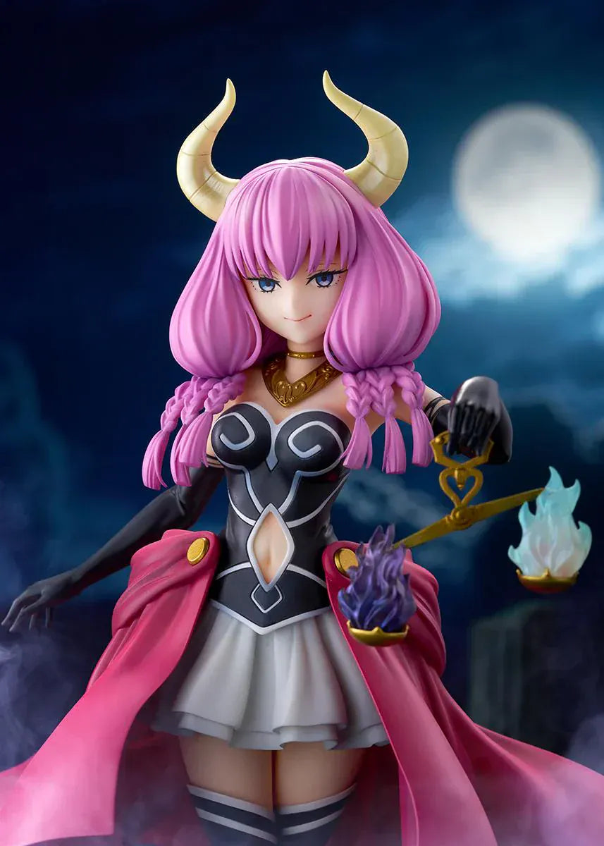 Frieren Beyond Journey’s End Aura the Guillotine 1/7 scale figure with pink hair, horns, flowing red cape, and scales accessory