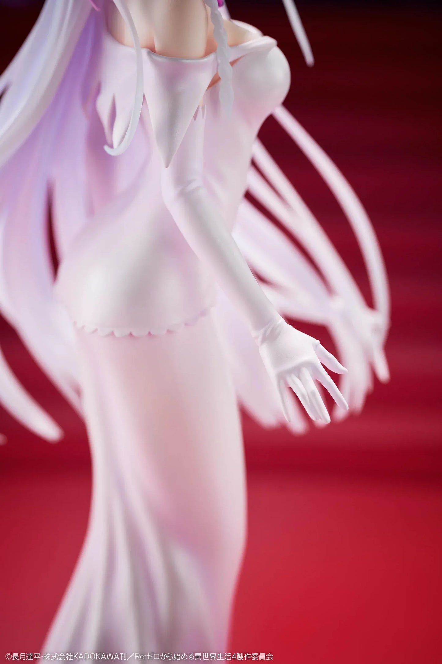 Re Zero Emilia Wedding Dress Ver. 1/7 Scale Figure wearing an elegant flowing white bridal gown with silver hair and floral accessories
