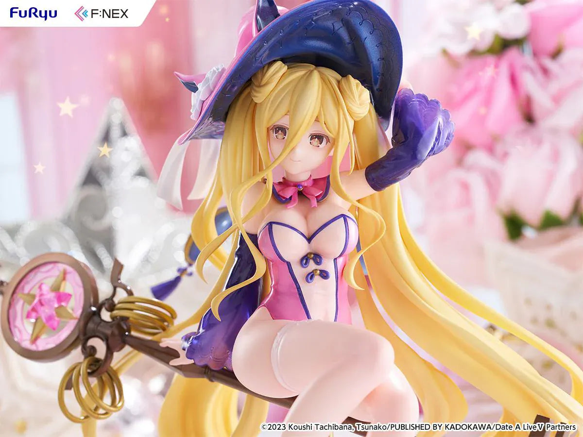 Date A Live V Mukuro Hoshimiya Witch Style Ver. 1/7 Scale Figure featuring Mukuro with long blonde hair, pink witch outfit, large witch hat, key-shaped staff, and magical display base.