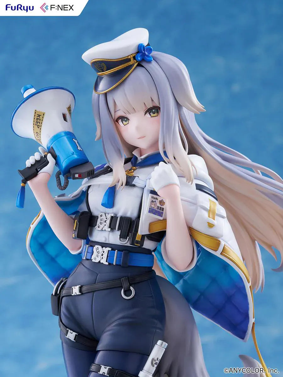 Nijisanji Ruri Shioriha 1/7 scale figure featuring megaphone accessory, silver hair, and detailed blue-and-white outfit