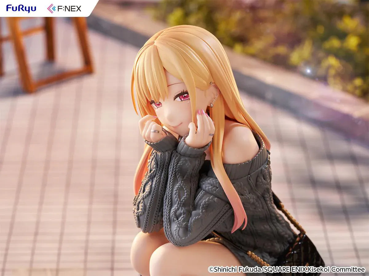 My Dress-Up Darling Kitagawa Marin knit ver. 1/6 Scale Figure featuring Marin with long blonde hair, gray oversized sweater, black boots, quilted bag, and crouching pose.