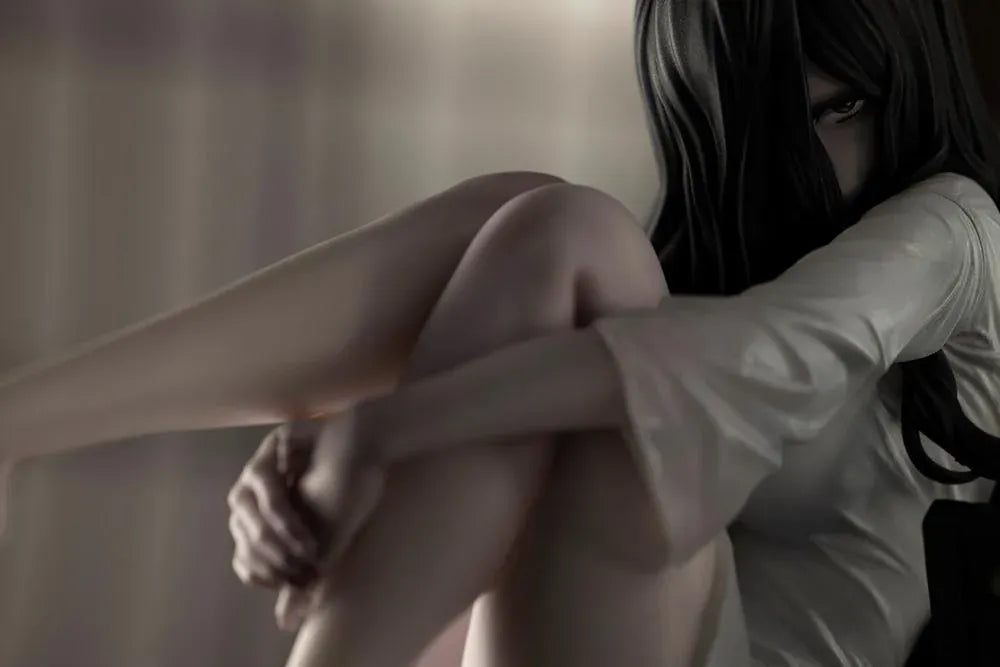 Sadako BISHOUJO Sadako 1/7 Scale Figure (Rerelease) featuring a long black-haired horror character wearing a flowing white dress, seated above a pile of VHS tapes with tangled black film ribbons.