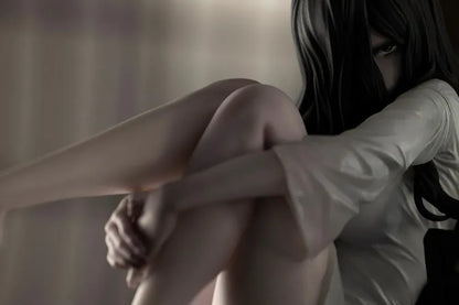 Sadako BISHOUJO Sadako 1/7 Scale Figure (Rerelease) featuring a long black-haired horror character wearing a flowing white dress, seated above a pile of VHS tapes with tangled black film ribbons.