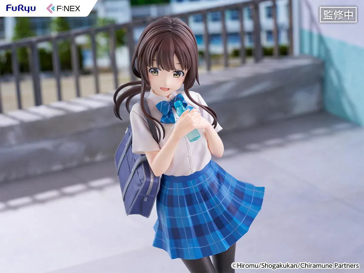 Chitose Is in the Ramune Bottle Yua Uchida 1/7 Scale Figure with brown hair, blue plaid skirt, school uniform outfit, shoulder bag, drink bottle accessory, and display base