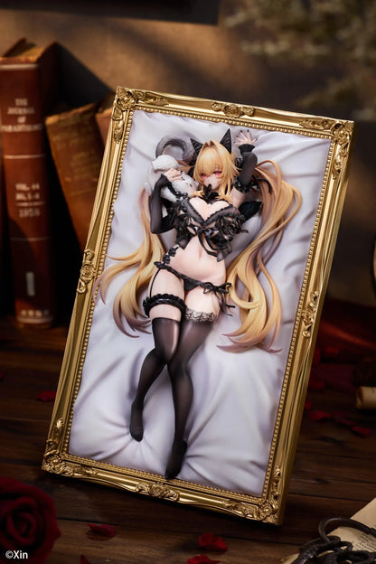 Stella Black Cat Ver. Deluxe Edition 1/7 Scale Figure illustrated by Xin, featuring a blonde-haired catgirl with red eyes, black lace lingerie, cat ears, and thigh-high stockings displayed in an ornate golden frame with a matching illustrated wall scroll.