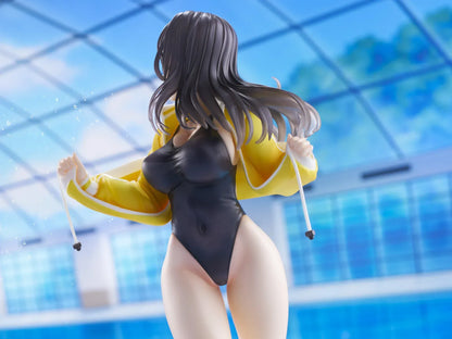 KoiKoi Sakura Kyou kara Suieibu Komon no Tama-chan Sensei 1/6 Scale Figure featuring a dark-haired anime woman with golden eyes wearing a black swimsuit, yellow athletic jacket, and white cap with a yellow brim, posing barefoot on a transparent circular base.