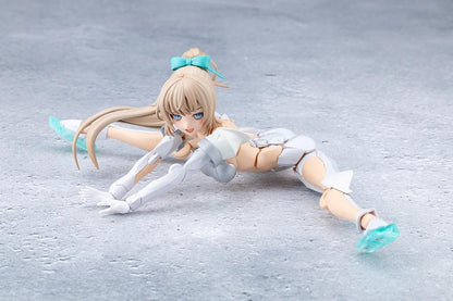 Megalomaria Unlimited Universe Emulator model kit wearing white armor with translucent teal parts and wielding teal weapons.