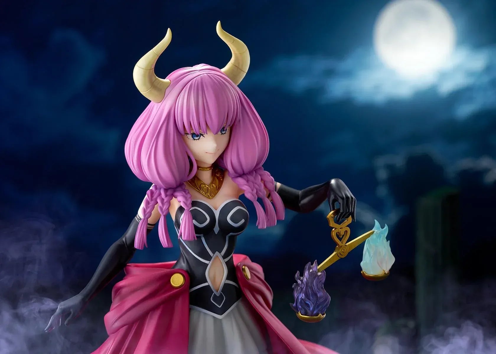 Frieren Beyond Journey’s End Aura the Guillotine 1/7 scale figure with pink hair, horns, flowing red cape, and scales accessory
