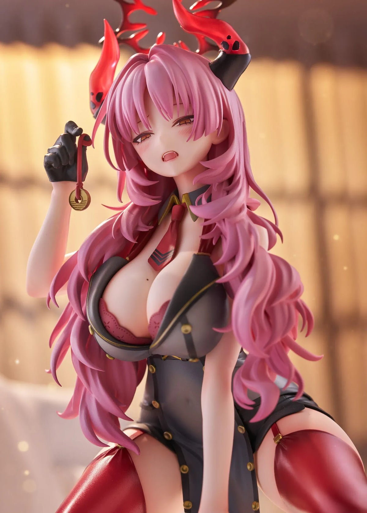 Blue Archive Satsuki Memorial Lobby 1/7 scale figure kneeling in a black-and-red outfit with flowing pink hair, horns, and a dark halo.