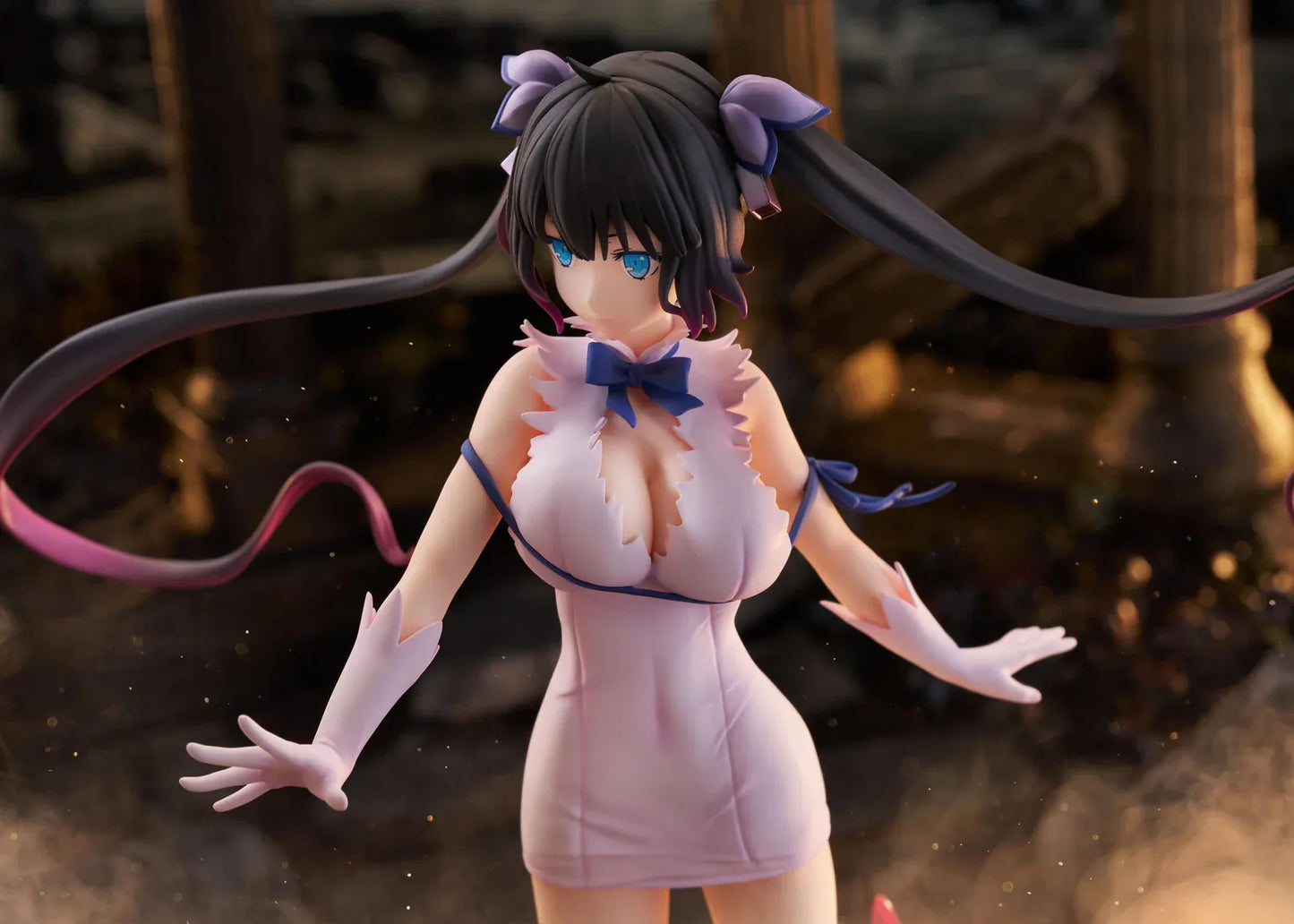 Is It Wrong to Try to Pick Up Girls in a Dungeon V Hestia Divinity Unleashed Limited Edition Ver. 1/7 Scale Figure with twin-tails, white outfit, blue ribbon accents, rocky base, and flame effect parts