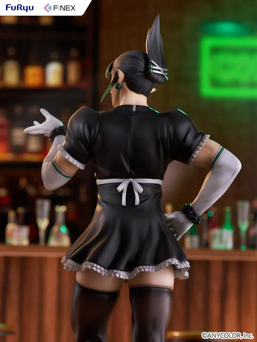 Hanabatake Chaika 1/7 Scale Figure by FuRyu F featuring a VTuber with tall black hair, green highlights, pointed ears, and a black and white maid outfit with white gloves, dark stockings, and black heels on a green circular display base.
