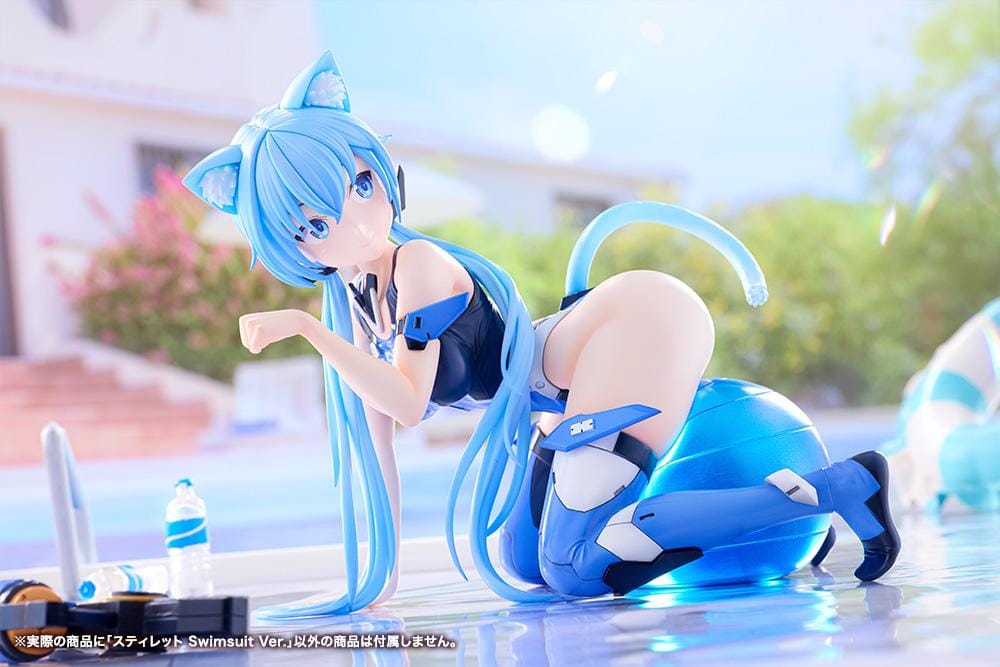Frame Arms Girl Stylet Swimsuit Ver. Figure featuring Stylet with long light blue hair, cat ear details, blue-and-black swimsuit outfit, mechanical accessory parts, and display pose.