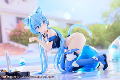 Frame Arms Girl Stylet Swimsuit Ver. Figure featuring Stylet with long light blue hair, cat ear details, blue-and-black swimsuit outfit, mechanical accessory parts, and display pose.