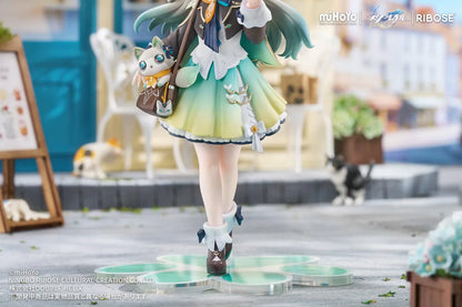 Honkai Star Rail Rise Up+ Chibi Cat Series Firefly Figure featuring Firefly in a cute chibi-style outfit with cat-themed display accents, colorful backdrop, and themed base.