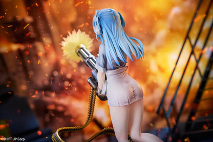 Goddess of Victory Nikke Shifty Illustration Panic Sight Deluxe Ver. 1/7 Scale Figure featuring Shifty with blue hair, tactical outfit, oversized weapon, firing effect, and ammo belt display details.