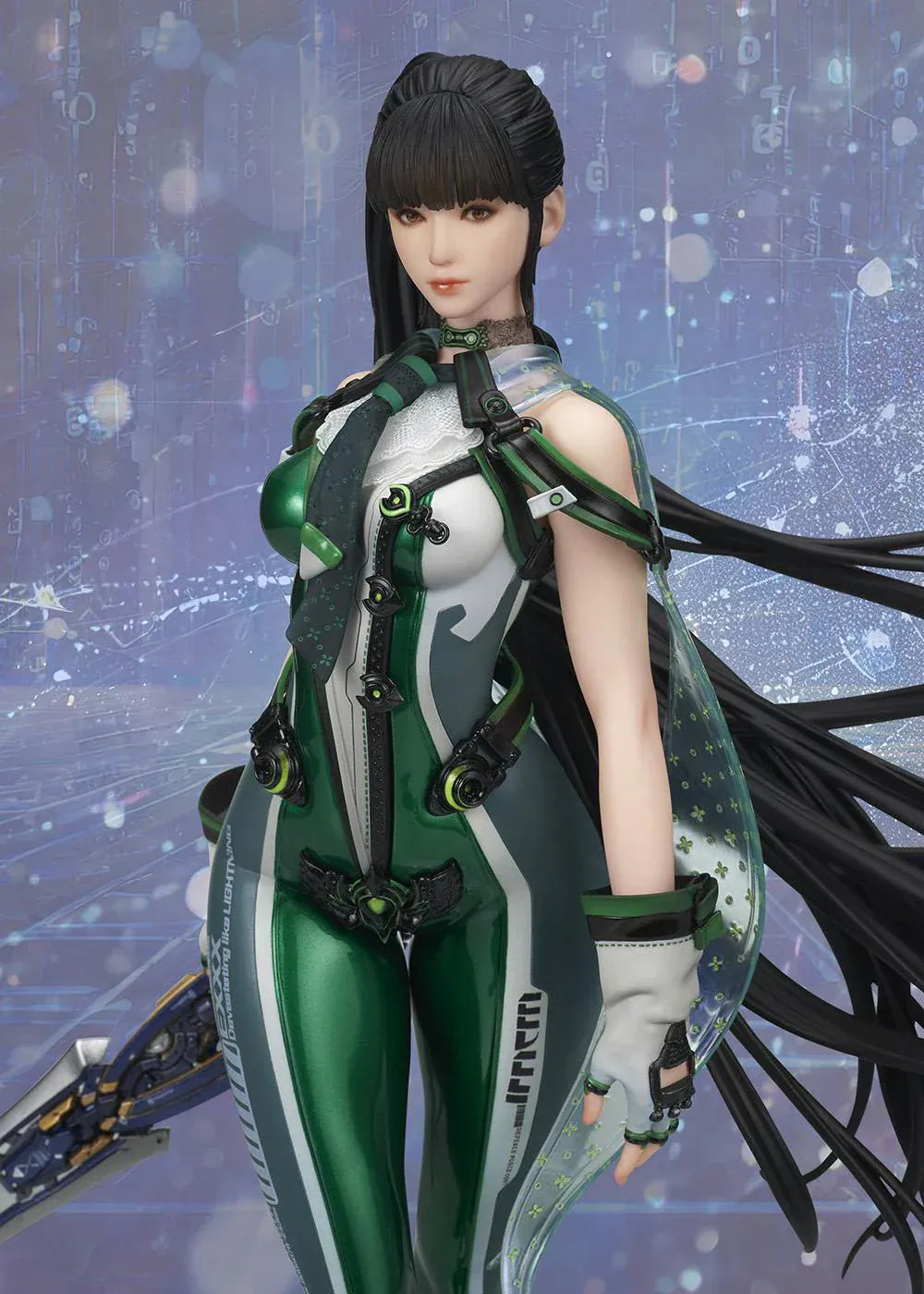 Stellar Blade Eve non-scale figure in a futuristic green and gray combat suit holding a long sword with flowing black hair