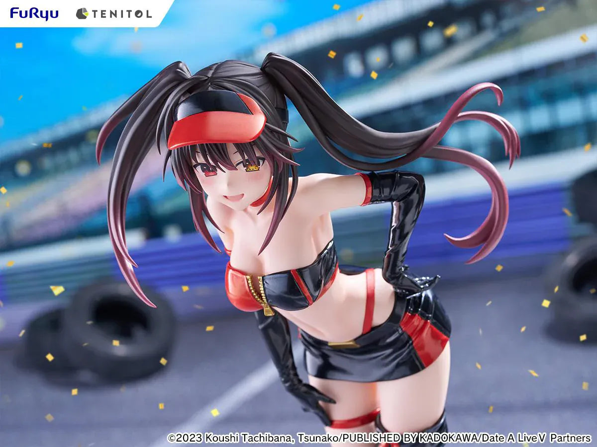 Date A Live V Tenitol Tall Kurumi Tokisaki Race Queen Ver. Figure featuring Kurumi with twin-tail hair, black-and-red race queen outfit, visor, gloves, and thigh-high boot styling.