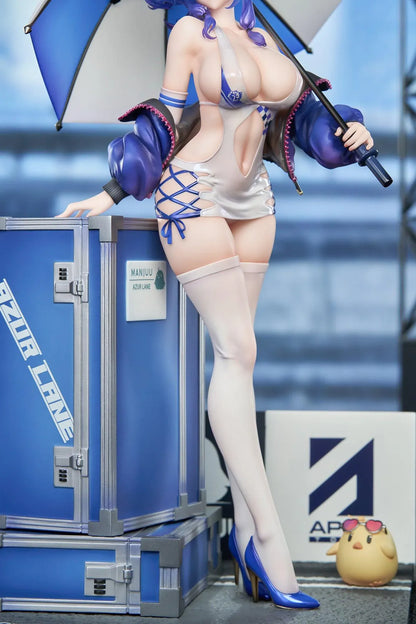 Azur Lane St. Louis Race Queen Ver. 1/7 Scale Figure with blue hair, umbrella, racing outfit, display cases, mascot detail, and bonus item