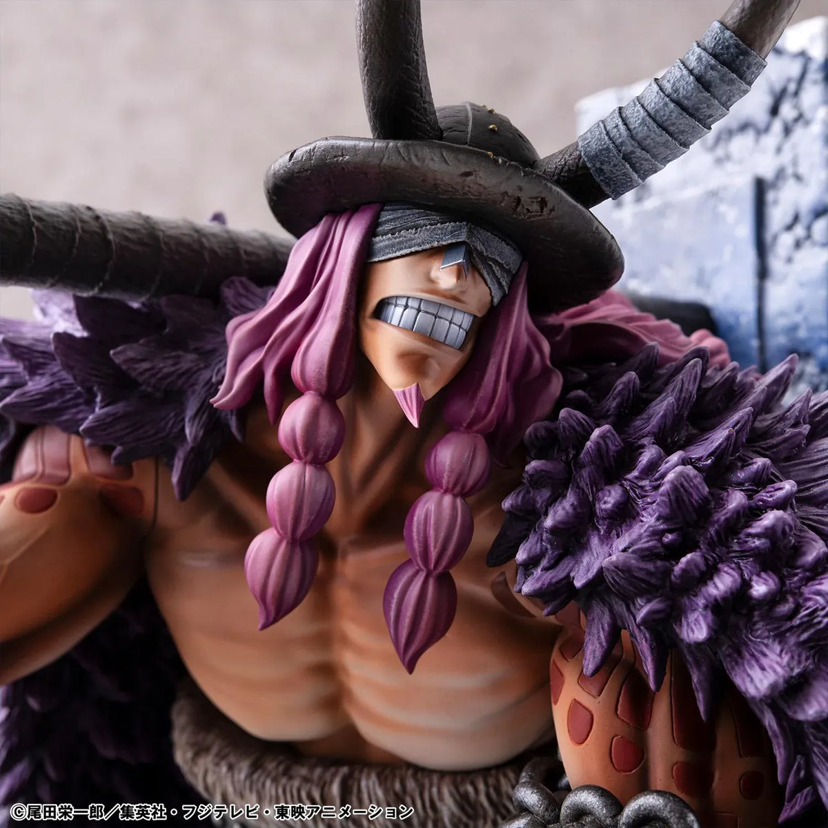 One Piece Portrait of Pirates ELB-Maximum Loki figure crouching with a massive hammer, horned helmet, pink braids, purple cloak, and chains on a rocky base.