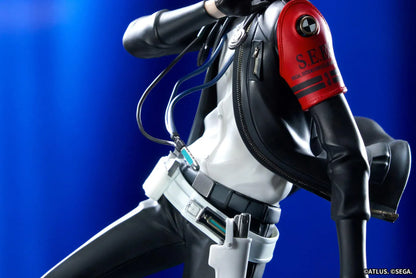 Persona 3 Reload Limepie Protagonist 1/8 Scale Figure with blue hair, black jacket, S.E.E.S. armband, headphones, and themed display base
