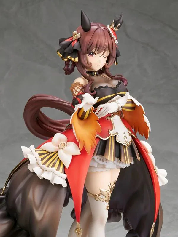 Umamusume Pretty Derby Gentildonna 1/7 Scale Figure featuring a brown-haired horse girl with a playful wink, an elaborate black, red, and gold outfit, flowing decorative fabric, white ruffles, ornate accessories, elegant stockings, and gold-accented heels standing on a red and gold circular display base.
