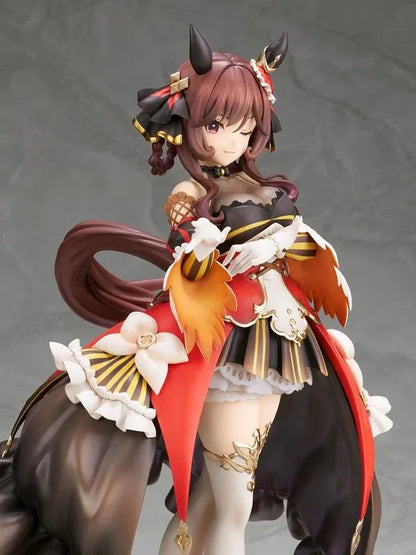 Umamusume Pretty Derby Gentildonna 1/7 Scale Figure featuring a brown-haired horse girl with a playful wink, an elaborate black, red, and gold outfit, flowing decorative fabric, white ruffles, ornate accessories, elegant stockings, and gold-accented heels standing on a red and gold circular display base.
