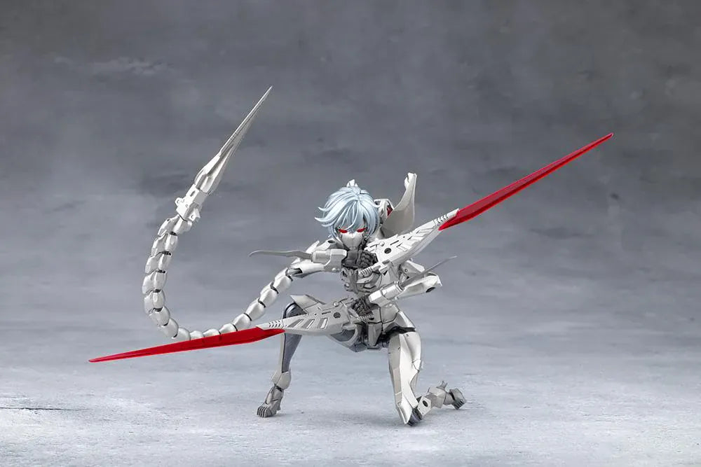 Megalomaria Unlimited Universe Wreckage Hunter model kit with white mechanical armor, a large rifle, weapon tail, and futuristic motorcycle.