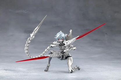 Megalomaria Unlimited Universe Wreckage Hunter model kit with white mechanical armor, a large rifle, weapon tail, and futuristic motorcycle.