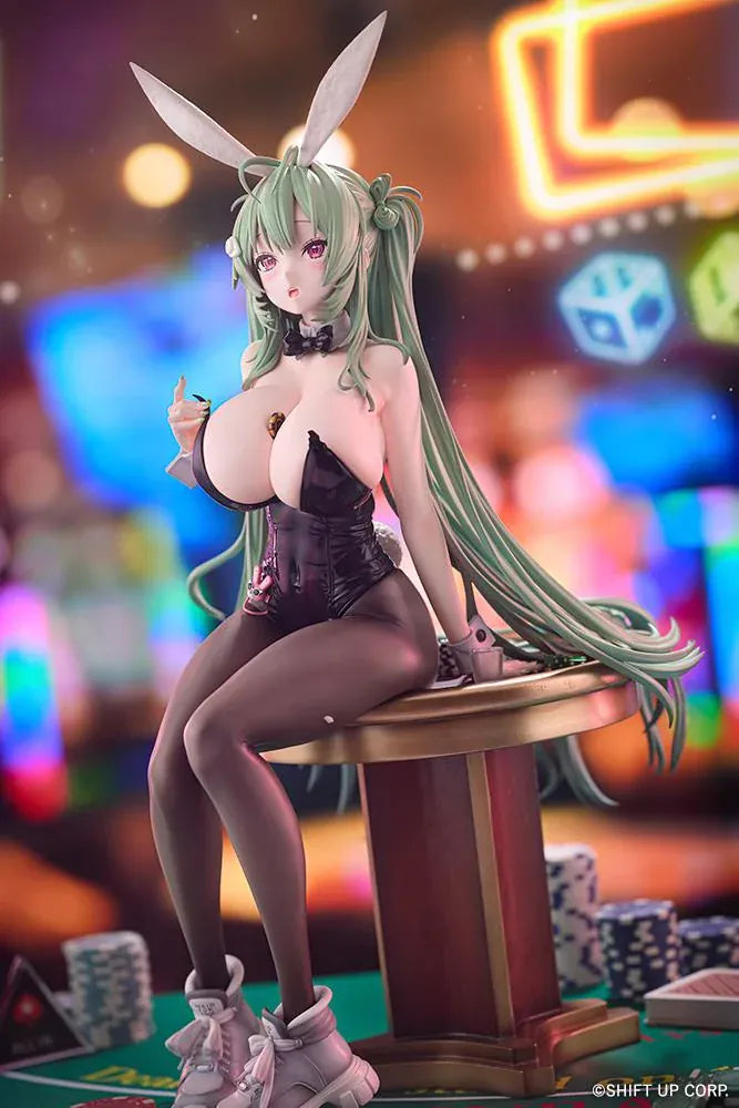 Soda Twinkling Bunny 1/4 scale figure seated in a black bunny outfit with sheer tights, mint-green twin tails, and tall bunny ears.