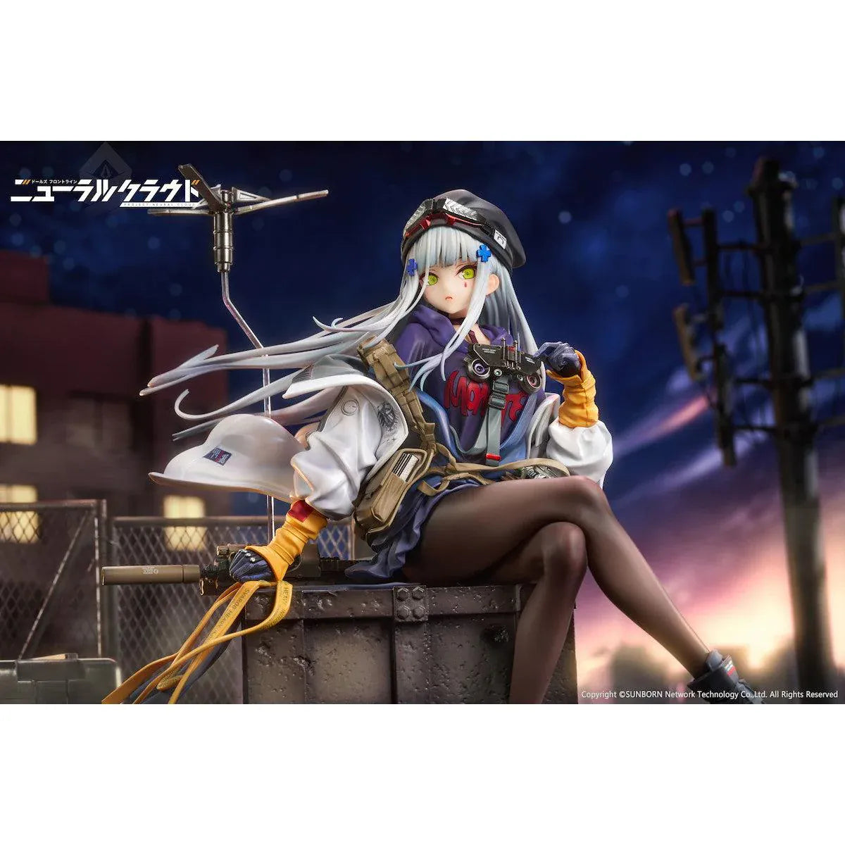 Girls' Frontline Neural Cloud Klukai 1/7 Scale Figure with long silver hair, military-inspired outfit, weapon accessories, seated pose, crate-style base, and bonus item
